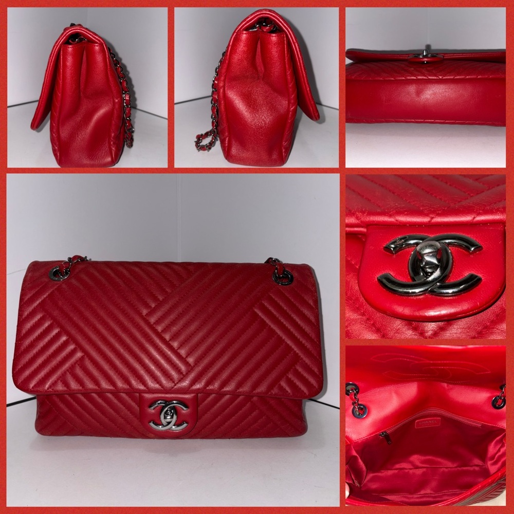 Chanel Scarlet Chevron Jumbo Lambskin Shoulder Bag